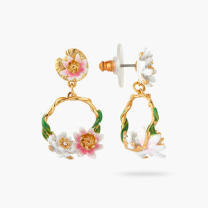 
            
                Load image into Gallery viewer, Pink and White-Water Lily Asymmetrical Post Earrings
            
        