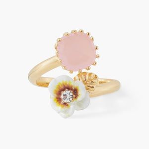 Les Néréides Loves Animals - White Pansy and Crystal Adjustable Ring
