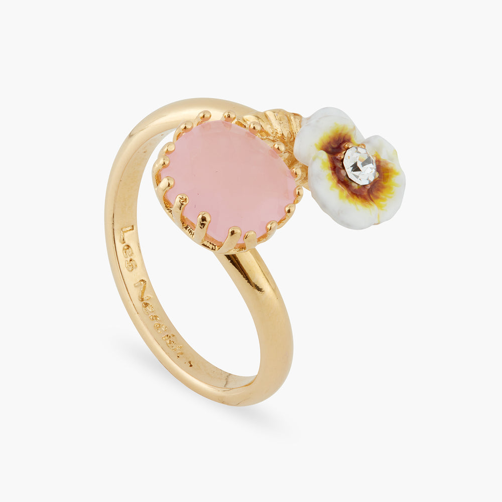 Les Néréides Loves Animals - White Pansy and Crystal Adjustable Ring