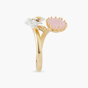 Les Néréides Loves Animals - White Pansy and Crystal Adjustable Ring