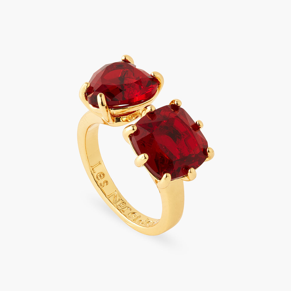 Garnet Red Diamantine Heart and Square Stones You and Me Adjustable Ring