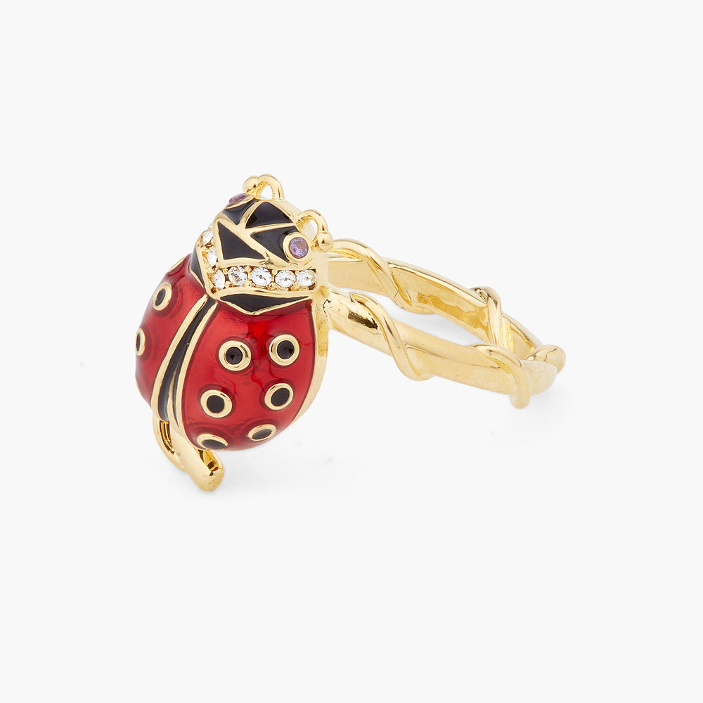 Ladybird and Faceted Crystal Adjustable Ring