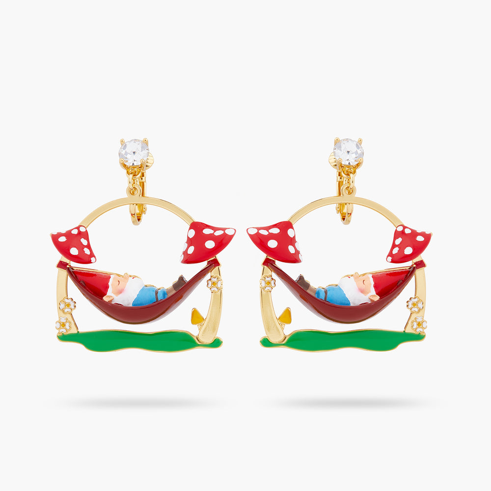 
            
                Load image into Gallery viewer, Garden Gnome on a Hammock Clip-on Earrings
            
        