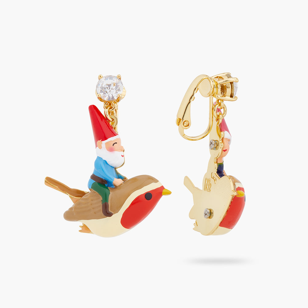 Garden Gnome and Bird Asymmetrical Clip-on Earrings
