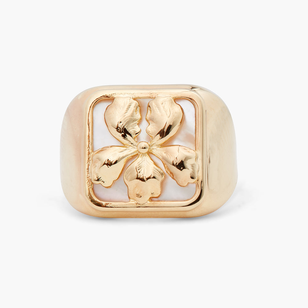 
            
                Load image into Gallery viewer, Gold Iris on Mother of Pearl Plate Ring
            
        