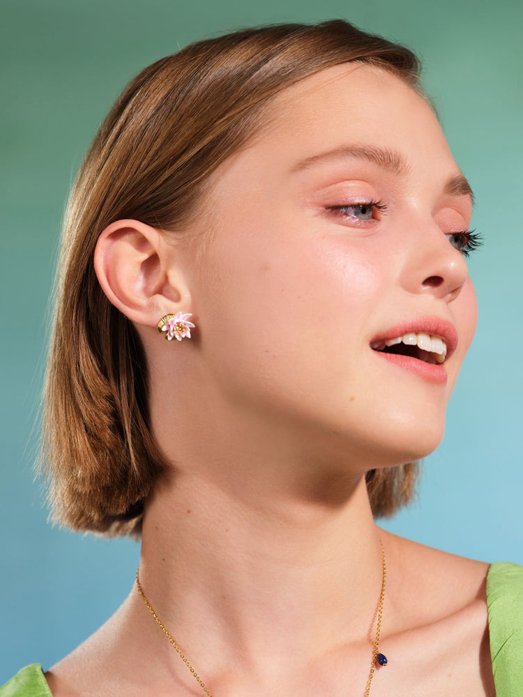 
            
                Load image into Gallery viewer, Dragonfly and Water Lily Asymmetrical Sleeper Earrings
            
        