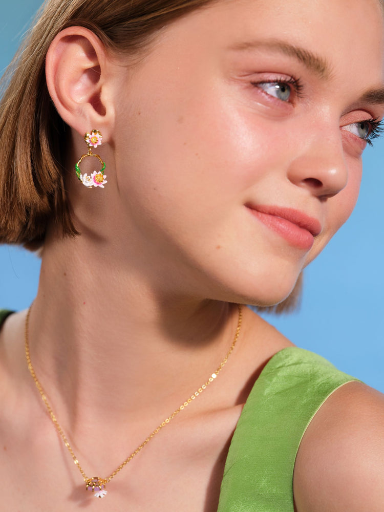 Pink and White-Water Lily Asymmetrical Clip-On Earrings