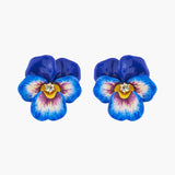 Thousand Pansies Blue Pansy and Faceted Crystal Clip-On Earrings