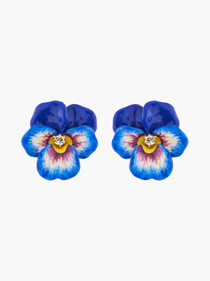 Thousand Pansies Blue Pansy and Faceted Crystal Clip-On Earrings