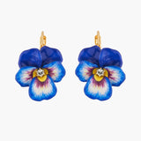 Thousand Pansies Blue Pansy and Faceted Crystal Sleeper Earrings