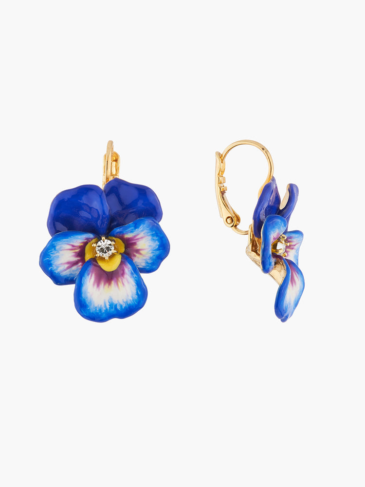 Thousand Pansies Blue Pansy and Faceted Crystal Sleeper Earrings