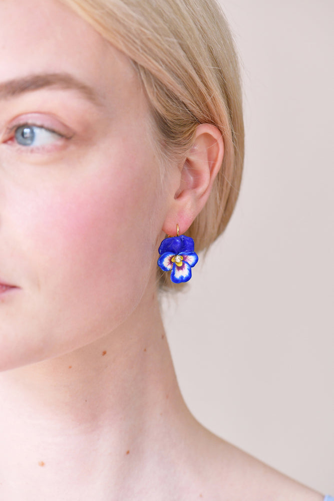 Thousand Pansies Blue Pansy and Faceted Crystal Sleeper Earrings