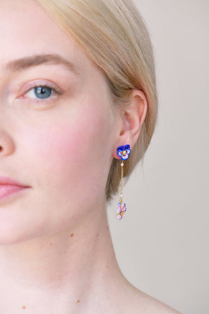 Thousand Pansies and freshwater pearls stud pendant earrings
