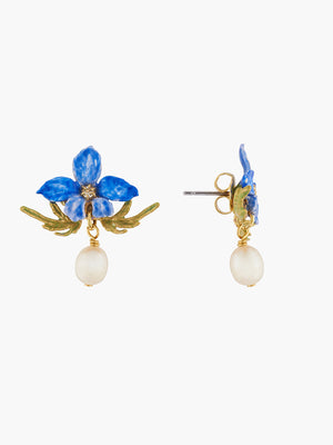 Thousand Pansies Violette and Freshwater Baroque Pearl Post Earrings
