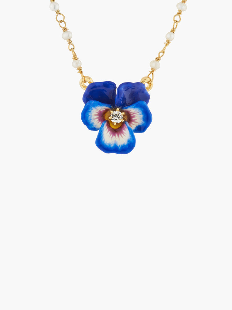 Thousand Pansies Blue pansy and faceted crystal pendant necklace