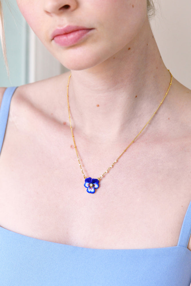 Thousand Pansies Blue pansy and faceted crystal pendant necklace