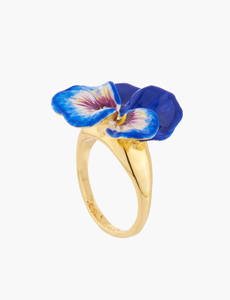 Thousand Pansies Blue pansy and faceted crystal cocktail ring - Blue