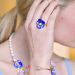 Thousand Pansies Blue pansy and faceted crystal cocktail ring - Blue
