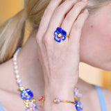 Thousand Pansies Blue pansy and faceted crystal cocktail ring - Blue