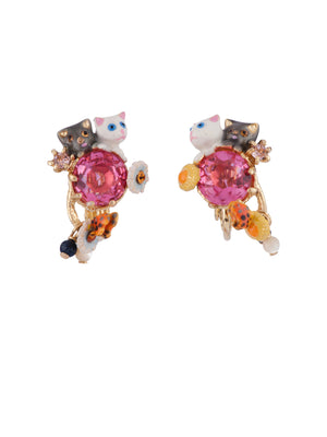 Little Cats Duo with Faceted Glass and Charms Clip Earrings