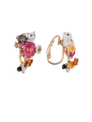 Little Cats Duo with Faceted Glass and Charms Clip Earrings