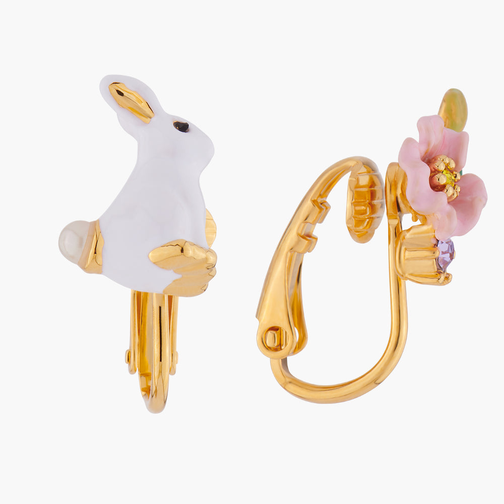 ENCHANTED ENCOUNTER Bunny and Pink flower Asymmetrical Clip-on Earrings