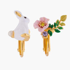 ENCHANTED ENCOUNTER Bunny and Pink flower Asymmetrical Clip-on Earrings