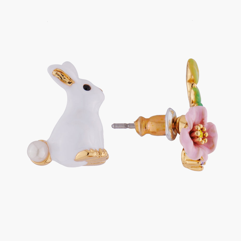 ENCHANTED ENCOUNTER Bunny and Pink flower Asymmetrical Stud Earrings