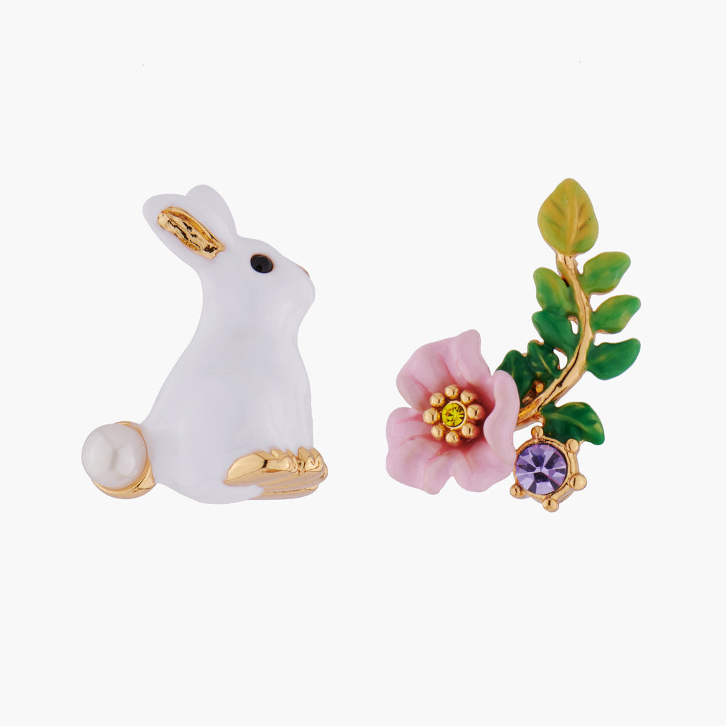 ENCHANTED ENCOUNTER Bunny and Pink flower Asymmetrical Stud