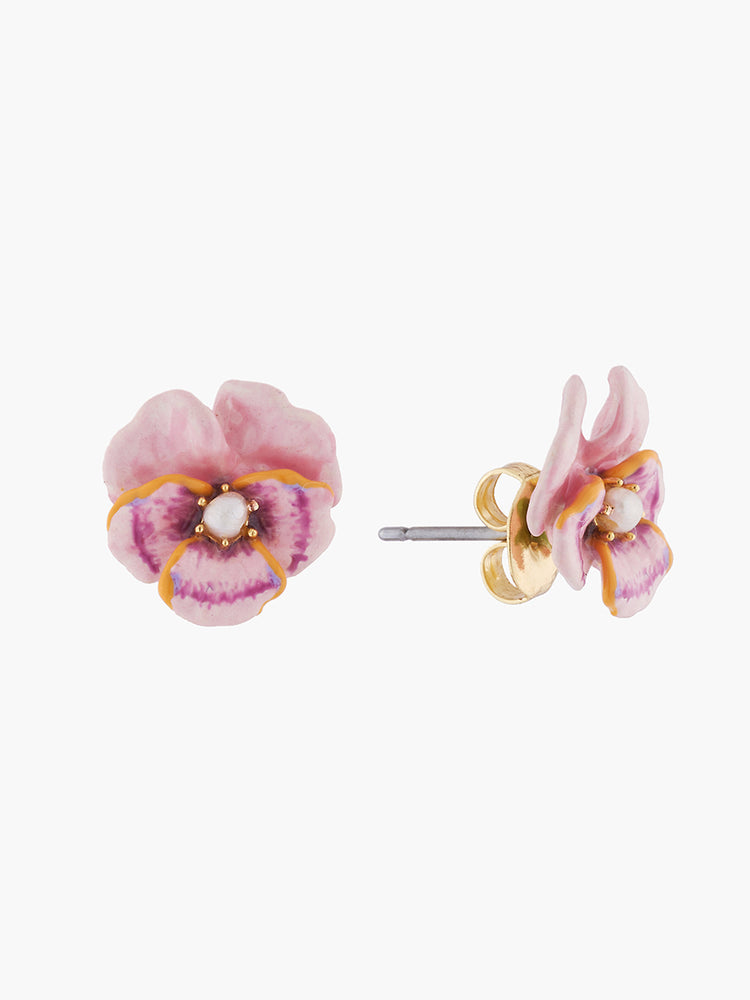 Thousand Pansies Pink pansy and freshwater pearl stud earrings