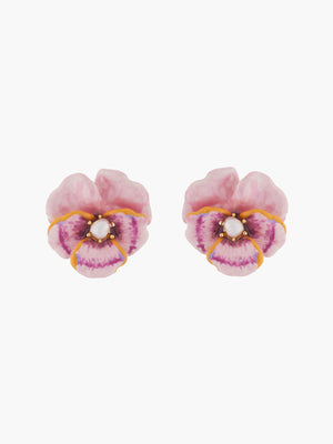 Thousand Pansies Pink pansy and freshwater pearl stud earrings