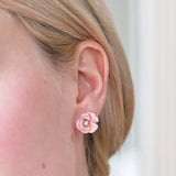 Thousand Pansies Pink pansy and freshwater pearl stud earrings