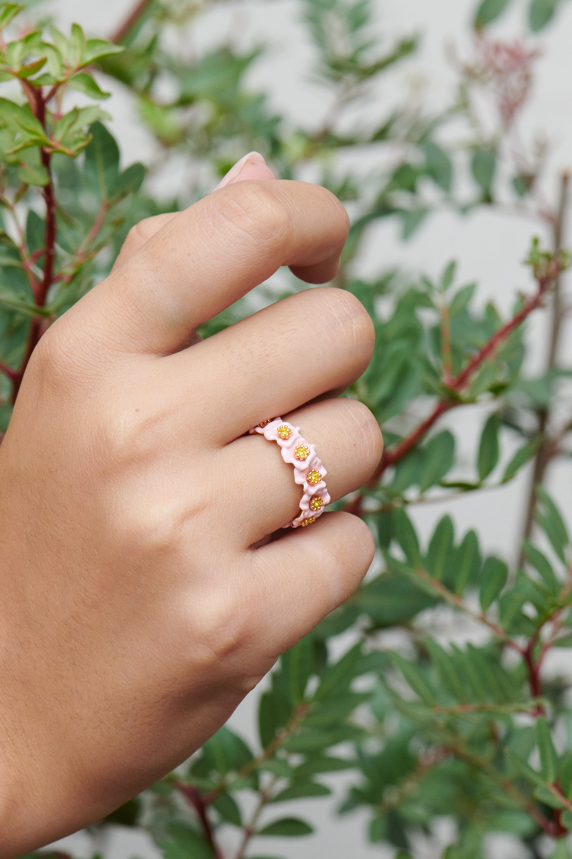 Enchanted Encounter Pink Flowers and Golden Pistils Thin Ring - Pink