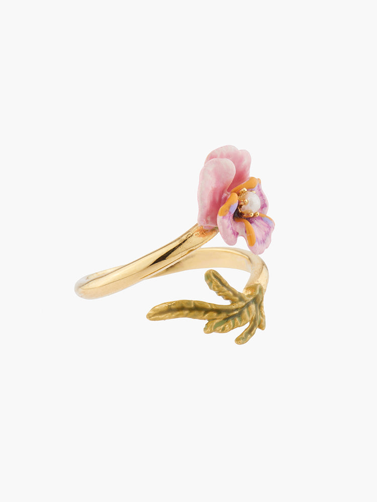 Thousand Pansies Pink pansy and freshwater pearl adjustable ring