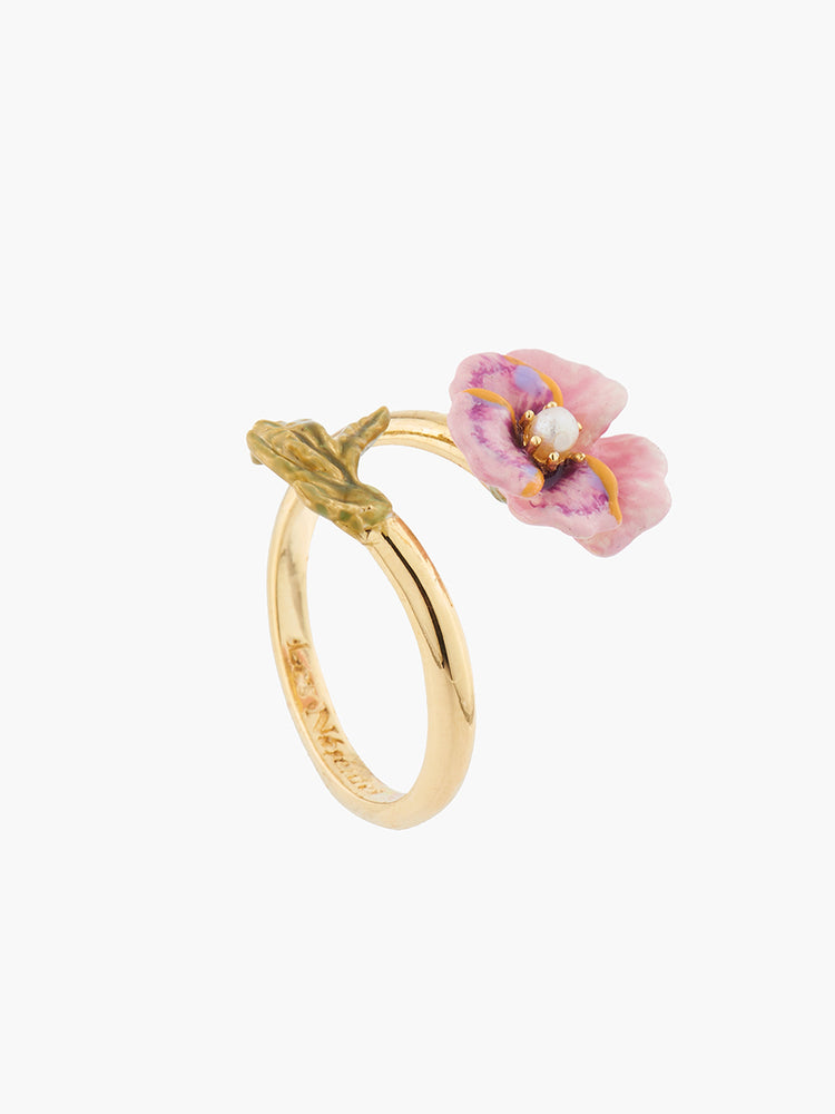 Thousand Pansies Pink pansy and freshwater pearl adjustable ring