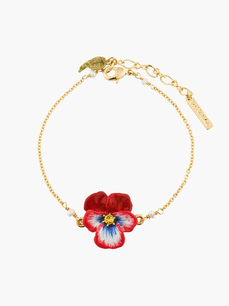 Thousand Pansies Red Pansy and faceted crystal thin link chain bracelet