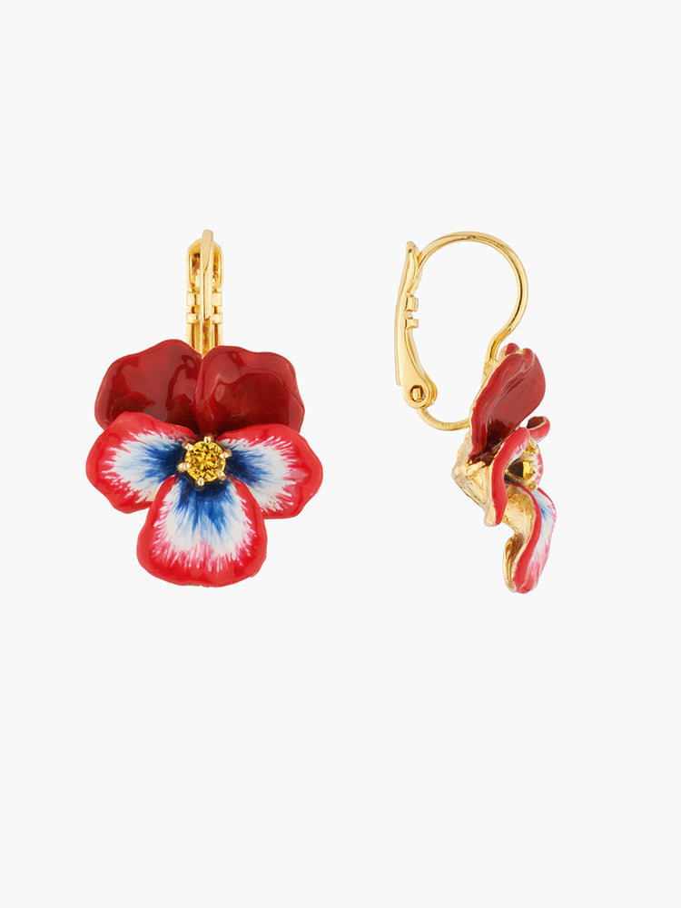 Thousand Pansies Red pansy and faceted crystal dormeuses earrings