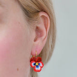 Thousand Pansies Red pansy and faceted crystal dormeuses earrings