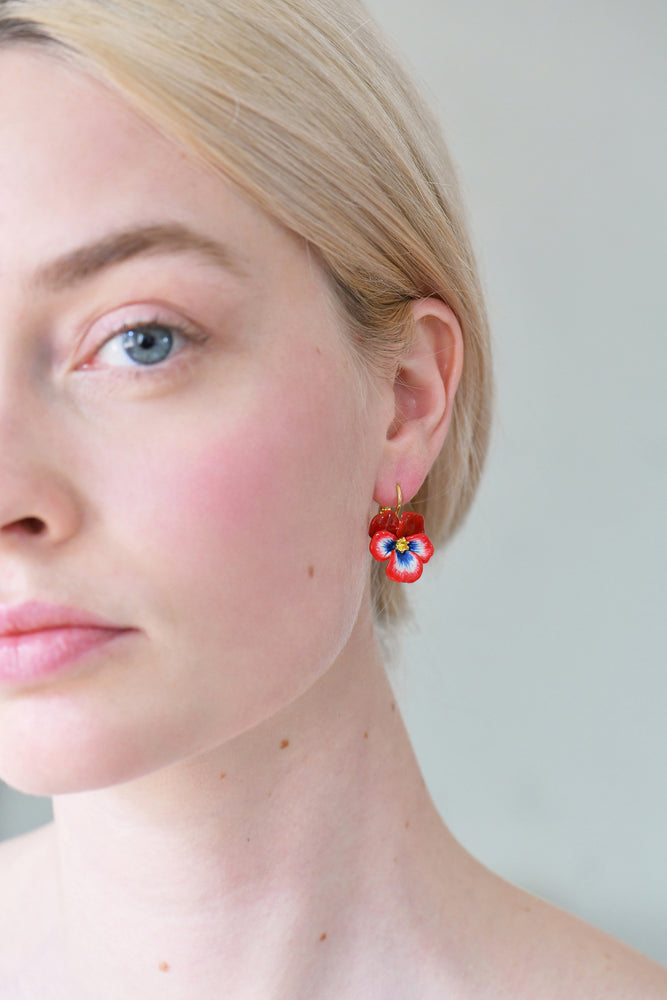 Thousand Pansies Red pansy and faceted crystal dormeuses earrings