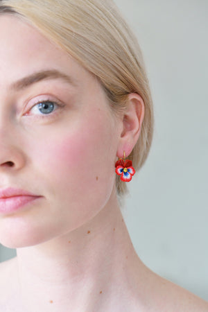 Thousand Pansies Red pansy and faceted crystal dormeuses earrings