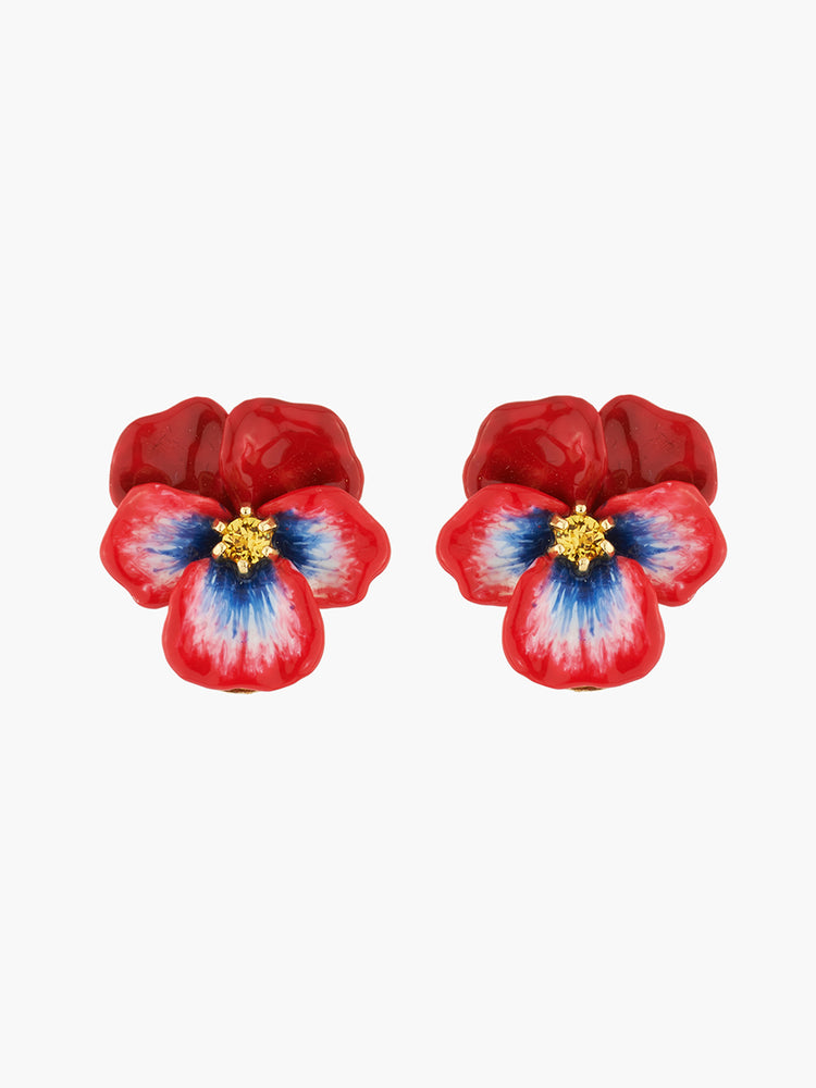Thousand Pansies Red Pansy and Faceted Crystal Post Earrings