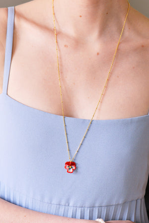 Thousand Pansies Red pansy and faceted crystal long necklace