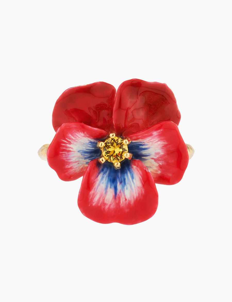Thousand Pansies Red pansy and faceted crystal cocktail ring - Red