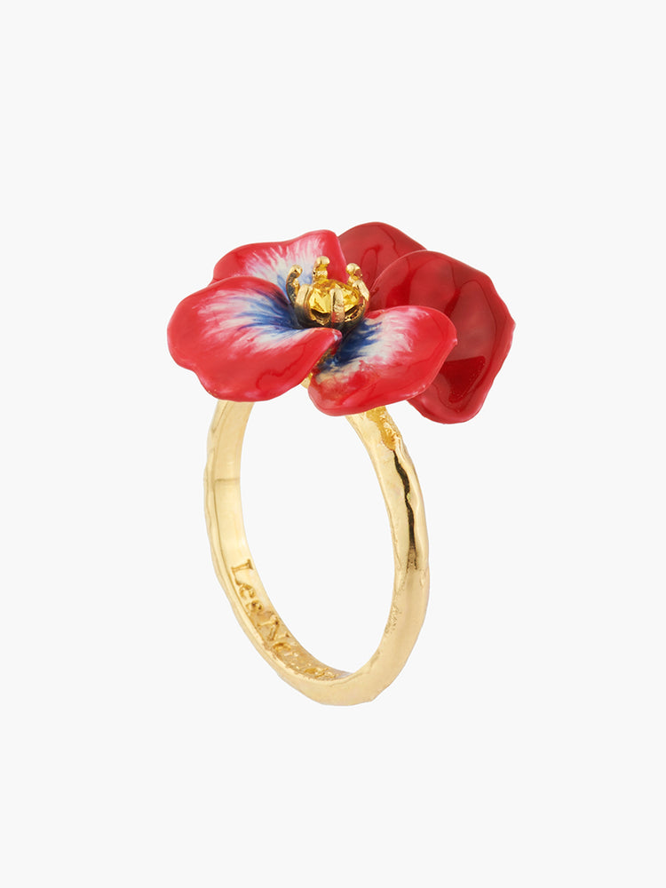 Thousand Pansies Red pansy and faceted crystal cocktail ring - Red