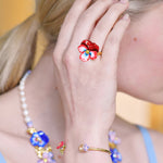 Thousand Pansies Red pansy and faceted crystal cocktail ring - Red