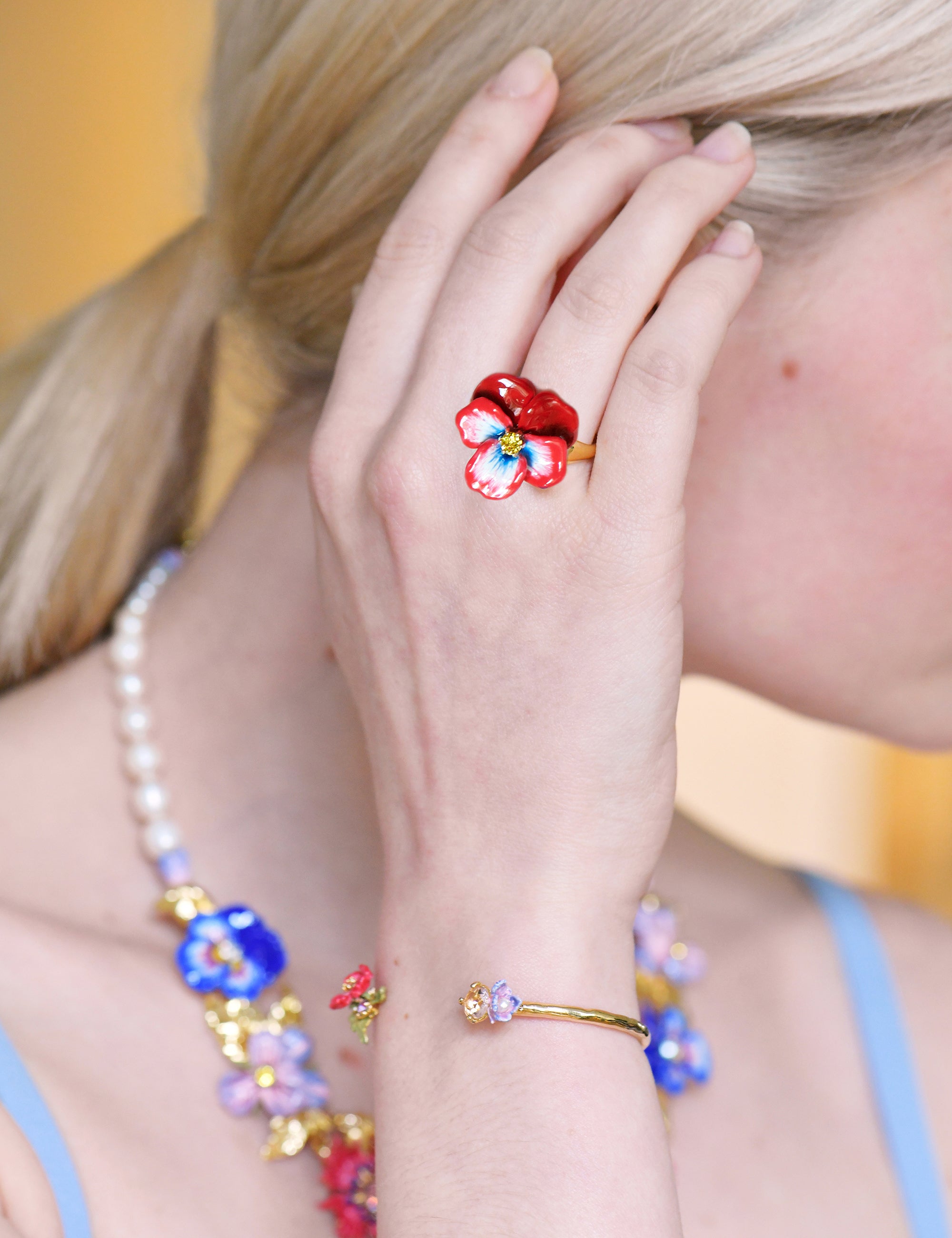 Thousand Pansies Red pansy and faceted crystal cocktail ring - Red