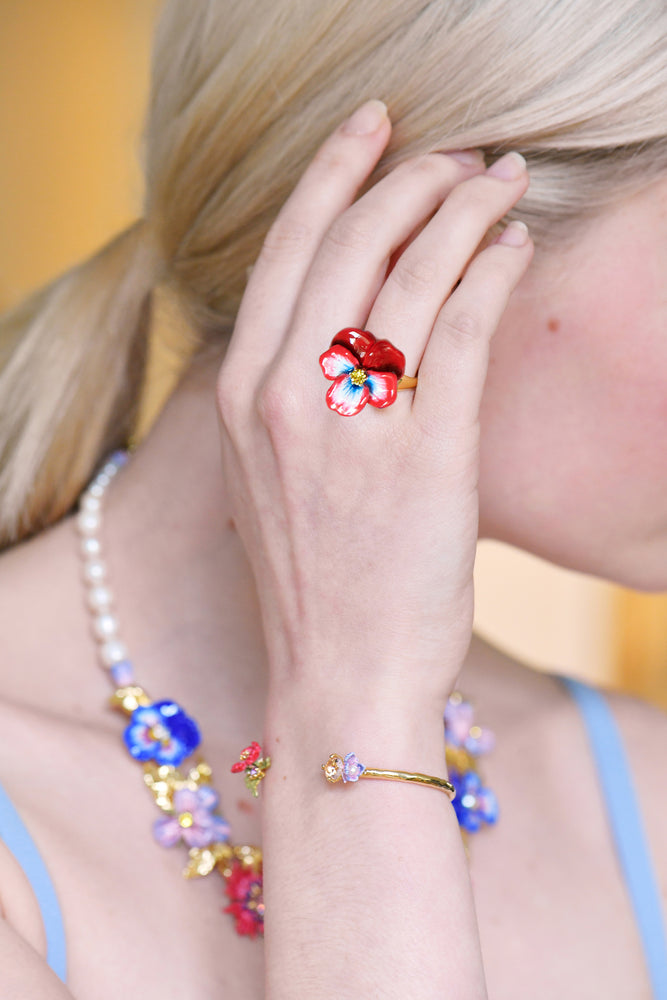 Thousand Pansies Red pansy and faceted crystal cocktail ring - Red