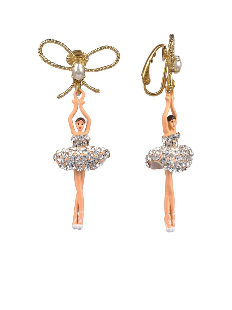 LUXURY PAS DE DEUX CRYSTAL RHINESTONE BALLERINA AND PEARL CLIP-ON EARRINGS
