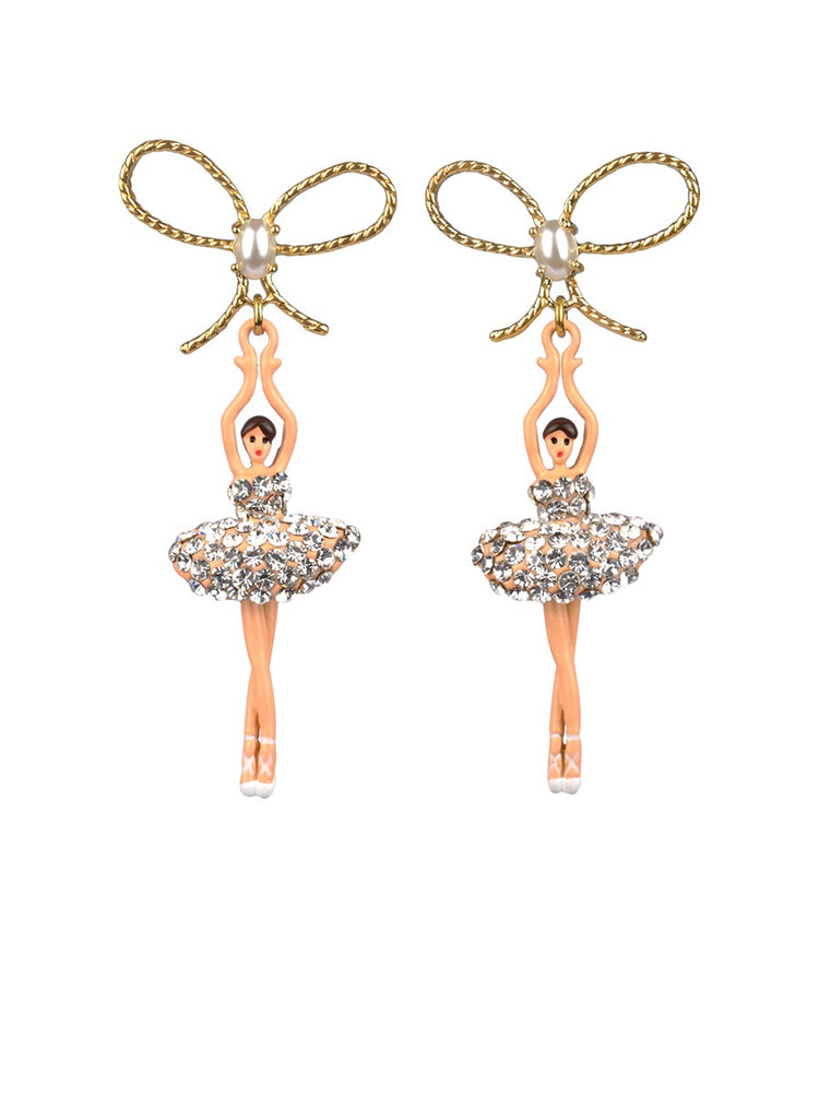 LUXURY PAS DE DEUX CRYSTAL RHINESTONE BALLERINA AND PEARL STUD EARRINGS