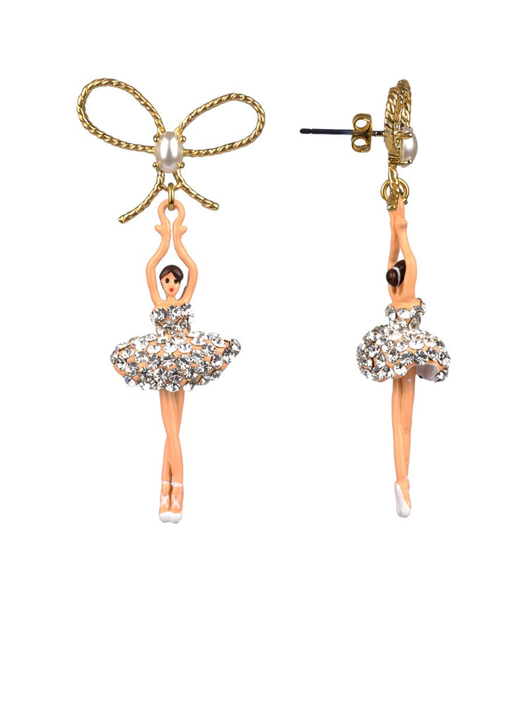 LUXURY PAS DE DEUX CRYSTAL RHINESTONE BALLERINA AND PEARL STUD EARRINGS